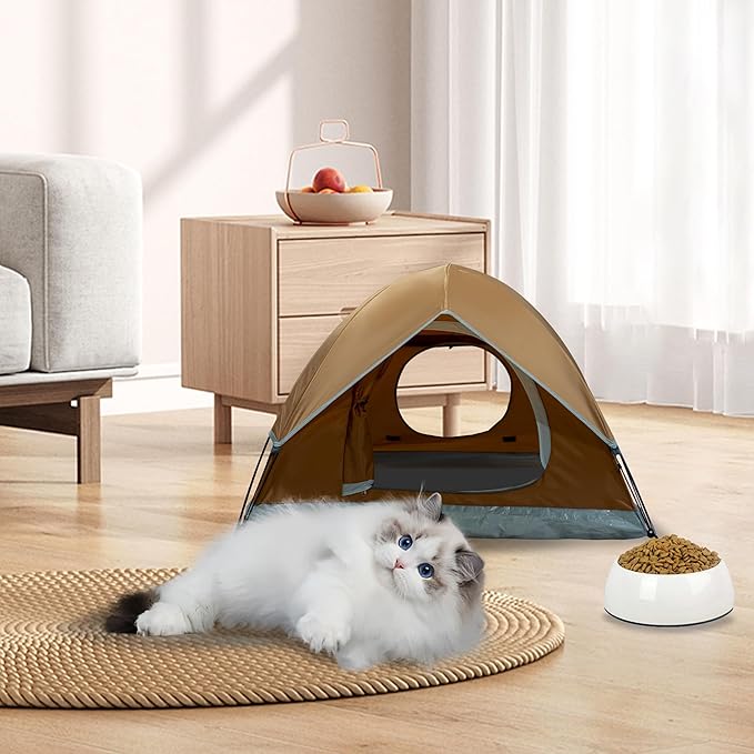 Outdoor Waterproof Pet Camping Tent, Cave Bed for Indoor Cats and Small Dogs, Portable Cat House Dog House, 39.3x39.3x23.6'', Brown, L.