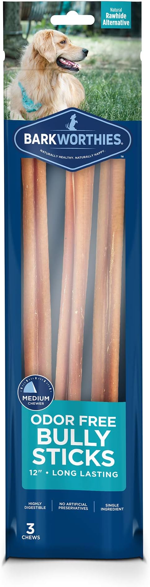 Barkworthies Odor-Free 12-inch Bully Sticks - Healthy Dog Chews - Protein-Packed, Easily digestible, All-Natural Rawhide Alternative Dog Treats - Promotes Dental Health - 3 Count (Pack of 3)