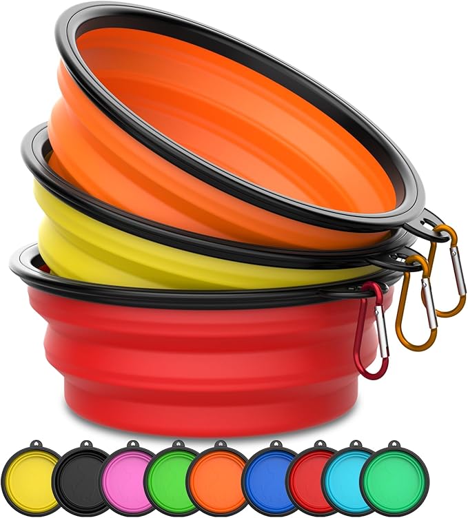 Takfox Collapsible Dog Bowls [3 Pack] 34 oz, Travel Dog Bowls, Pet Bowl Portable Foldable Water Food Feeding Dishes with Carabiner Clip for Traveling Hiking Walking-Red & Orange & Yellow
