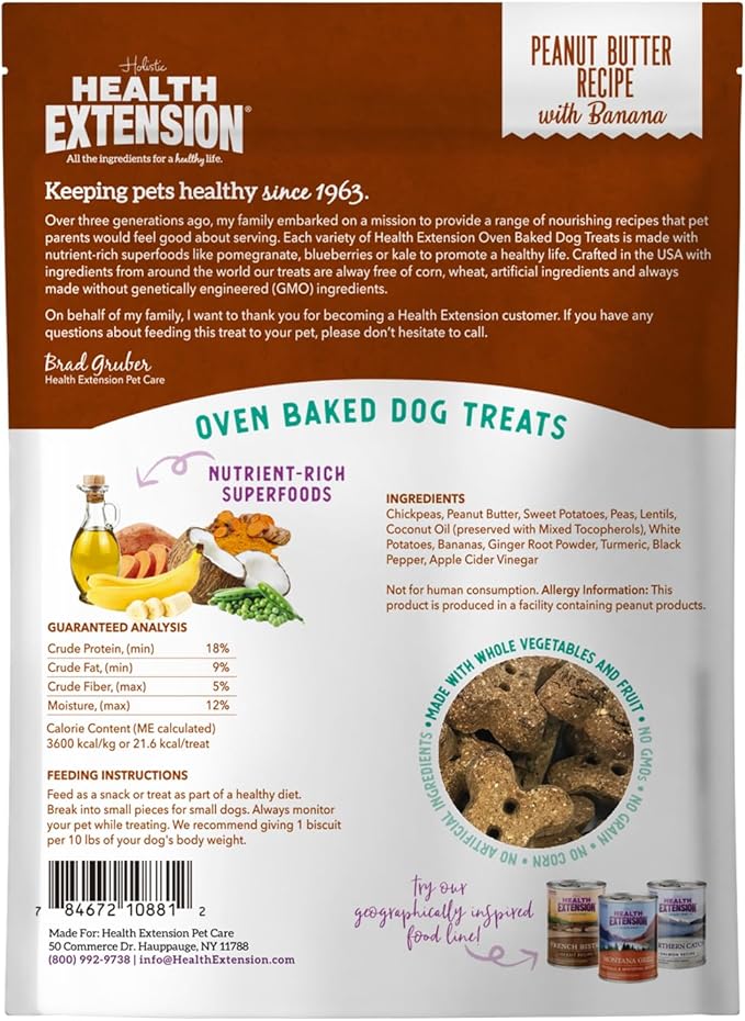 Health Extension Oven-Baked Dog Treats, 6oz (170g), Peanut Butter & Banana Recipe – Gluten & Grain-Free, Superfood-Infused, Crunchy Biscuits for Puppy Training