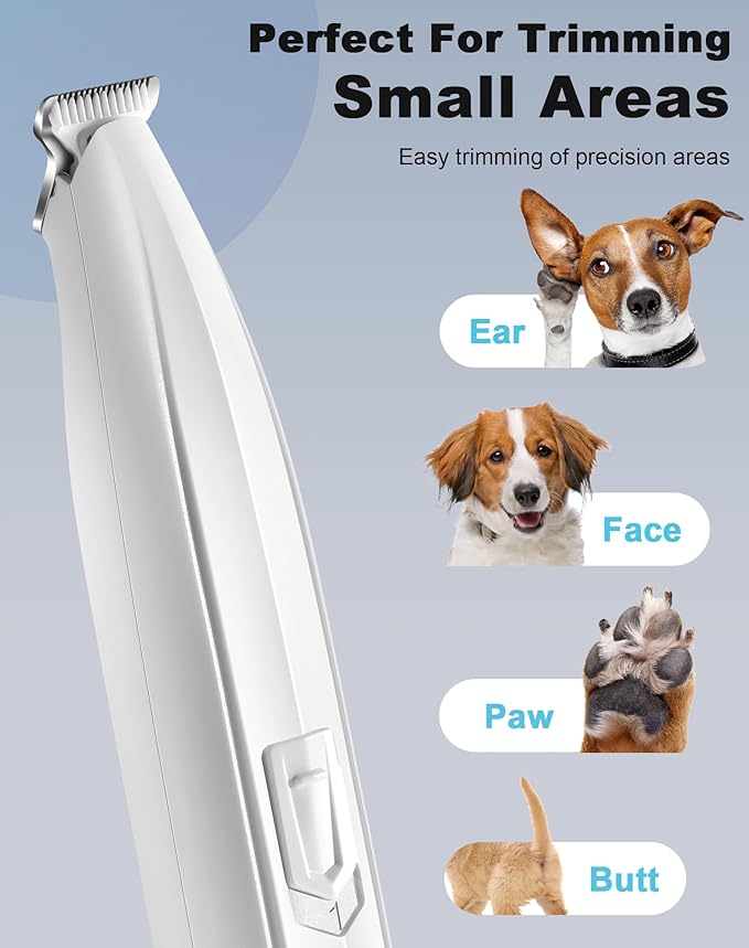 Dog Paw Trimmer for Grooming, Cordless Rechargeable Dog Clippers with Widened Blade, Low Noise Electric Cat Precision Shaver for Small Pet's Hair Around Eyes, Faces, Ears, Paws, Rump(White)