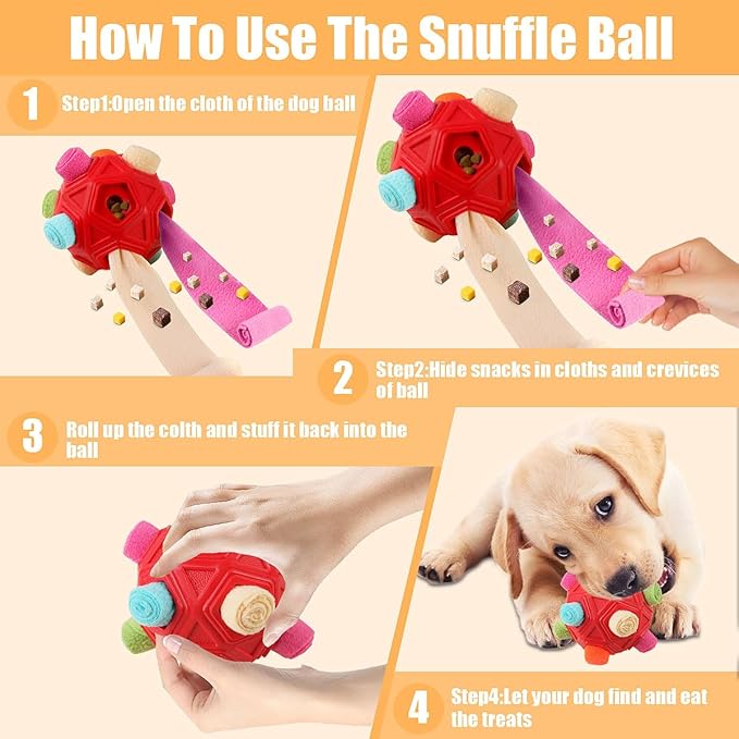 Dog Snuffle Ball-Interactive Puzzle Dog Toys Encourage Natural Foraging Skills Slow Feeder for Training and Stress Relief, Cloth Strip Hiding Food Chew Toys for Any Size Dogs with Squeaky Carrot