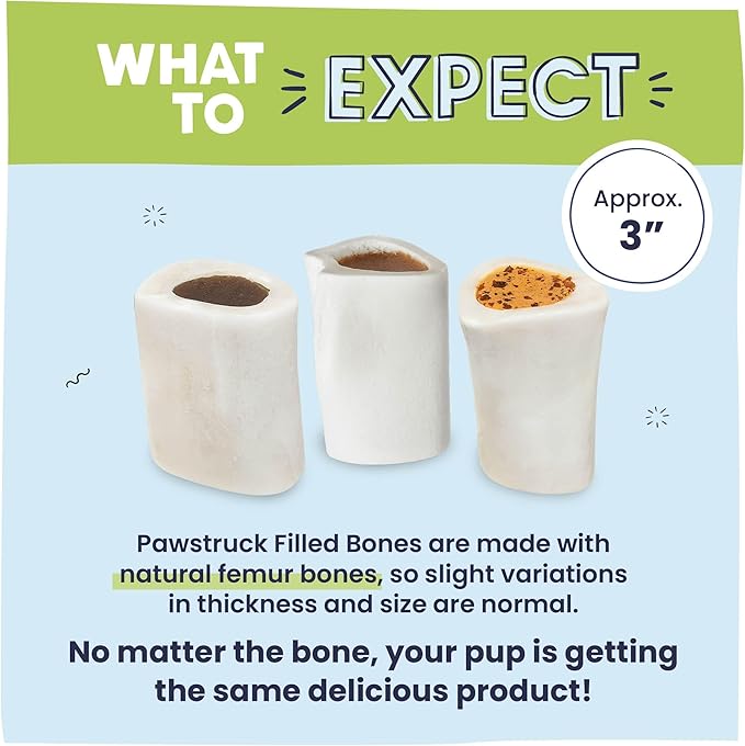 Pawstruck Small 3” Filled Dog Bones Variety Pack - Peanut Butter, Cheese & Bacon, Beef Flavors - Made in USA Long Lasting Stuffed Femur Treat for Aggressive Chewers - Pack of 3 - Packaging May Vary