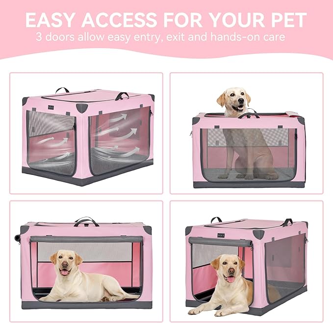 PETSFIT Collapsible Dog Crate, with Patented Adjustable Fabric Cover, Chewproof & Lockable Mesh Doors, Waterproof Base Portable Kennel Pink 36 Inch