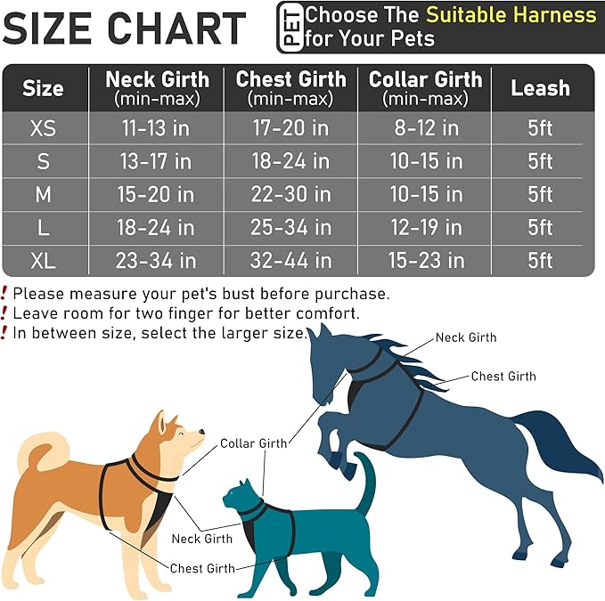 GAMUDA Dog Harness Collar and Leash Set, Horse Care Sheets, No Chock No Pull Adjustable Vest Harnesses Plaid Reflective for Medium Dog, Cat, Small Horse, Small Bull and Pig (Black, XL)