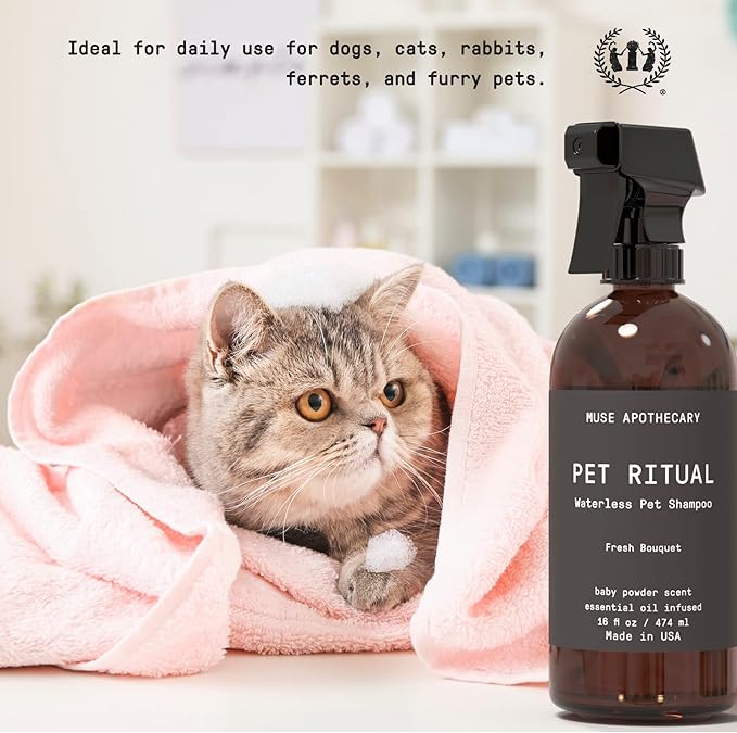 Muse Apothecary Pet Ritual Aromatic Waterless Dog Shampoo - No Rinse Dry Shampoo for Dogs & Cats - Essential Oils Infused, 16oz, Lavender Fields