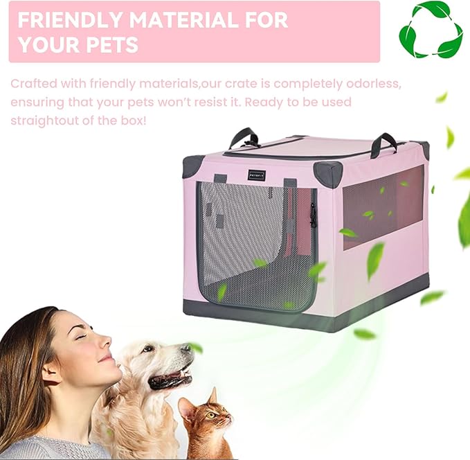 PETSFIT Soft Dog Crate, with Patented Adjustable Fabric Cover, Chewproof & Lockable Mesh Doors, Waterproof Base Collapsible Kennel Pink 30 Inch