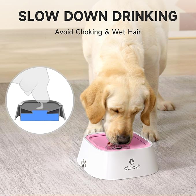 ELS PET Dog Bowl No Spill, Pet Water Bowl No Drip Slow Water Feeder, Pet Dispenser 70oz/2L Large Capacity Travel for Dogs, Cats (Pink, 35oz)