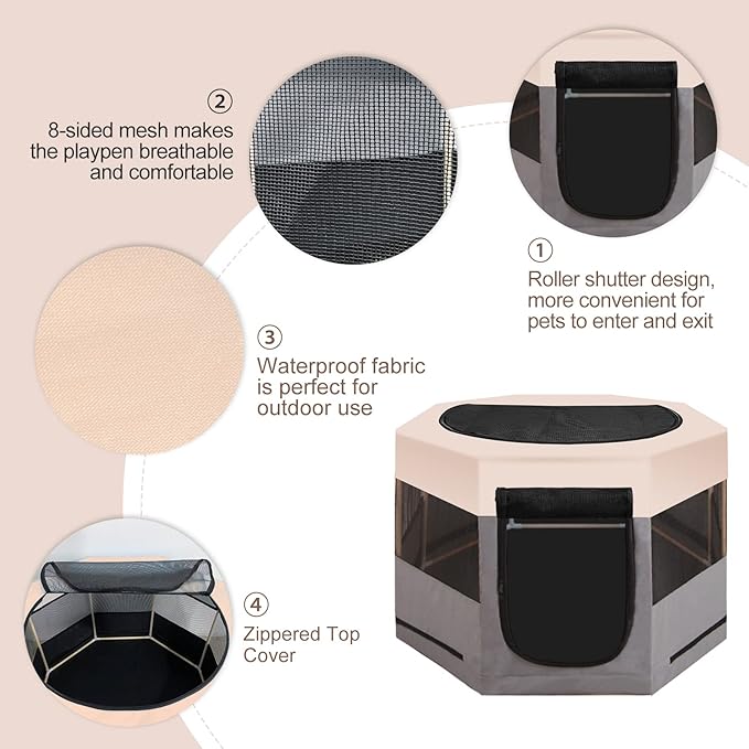 Pet Playpen with Zipper Top, Carrying Case, and Bowl - Foldable Pet Crate 35'' x 35'' x 22'' - Portable Pet Pens Ideal for Outdoor and Indoor Use