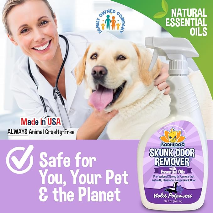 Bodhi Dog Pet Deskunk Spray Odor Eliminator- Skunk Smell Remover with Essential Oils for Dogs, Cats, Furniture, Carpet & Clothing - Safe, Non-Toxic Formula for Lasting Freshness (32 Fl Oz)