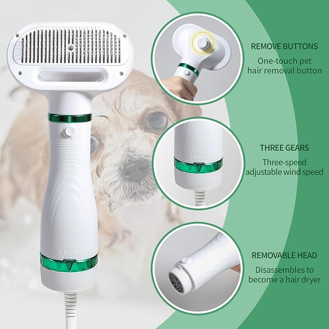 Pet Hair Dryer with Slicker Brush - 3 Heat Settings, One-Button Hair Removal, Portable Dog Blower - Professional Home Grooming Furry Drying for Small Large Cat Dog