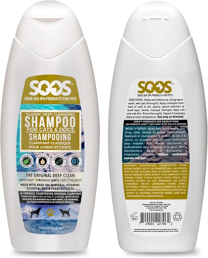 Soos Pet Dog Shampoo Classic Deep Cleansing Pet Shampoo Natural Dead Sea Minerals Fast Absorbing for Dogs and Cats - 1x Shampoo (500ml)
