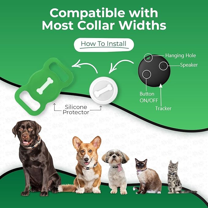Smart Pet Tracker, Dog Tracker with Black Collar Holder, Smart Tag for Seamless Location Tracking, No Monthly Fee, MFi Certificated, Work with Find My, No GPS Tracker, iOS Only (Green)