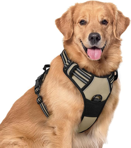 rabbitgoo Dog Harness, No-Pull Pet Harness with 2 Leash Clips, Adjustable Soft Padded Dog Vest, Reflective No-Choke Pet Oxford Vest with Easy Control Handle for Large Dogs, Beige, XL