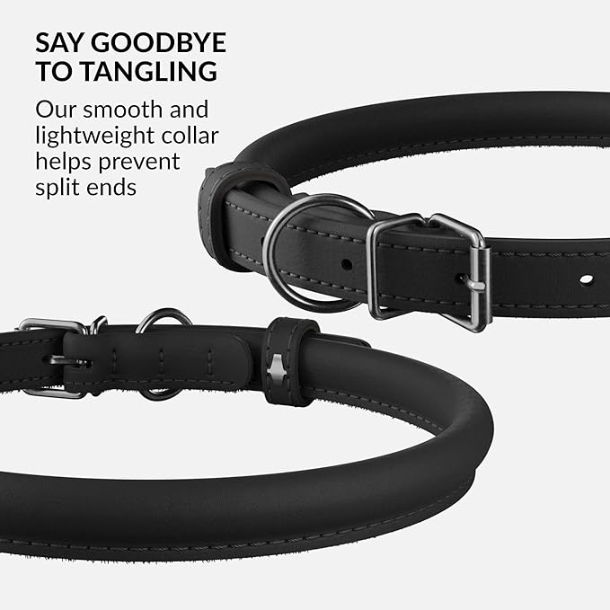 CollarDirect Rolled Leather Dog Collar, Soft Padded Round Puppy Collar, Handmade Genuine Leather Collar Dog Small Large Cat Collars 13 Colors (15-19 Inch, Black Smooth)