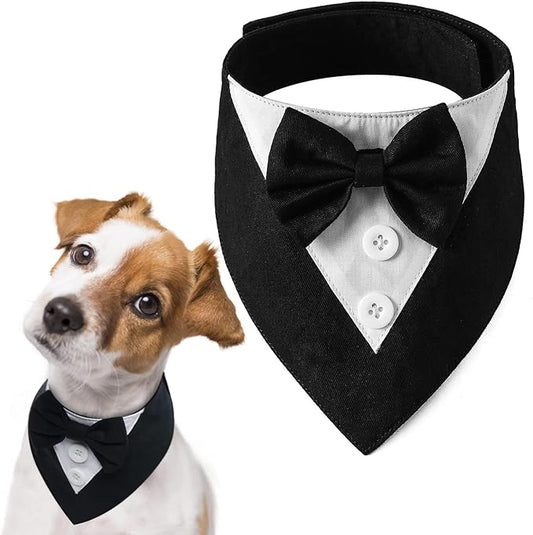 FUAMEY Dog Tuxedo,Formal Dog Wedding Bandana Dog Collar with Bow Tie Dog Birthday Costume Adjustable Pet Party Tux Dog Wedding Attire,Dog Valentines Outfit Cosplay for Small Medium Large Pets Black-L
