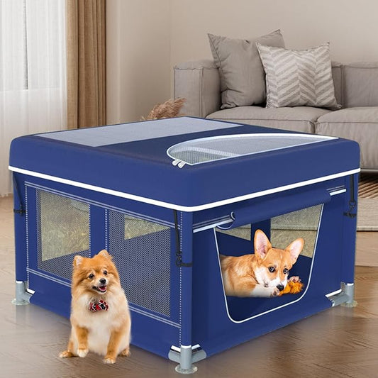 Dog Playpen 42 × 42 Inch, Puppy PlayPen with Gate for Puppies, Cat, Small and Medium Dogs, Pet PlayPen with Roof for Outdoors & Indoors, Thickened Fabric, Safe & Sturdy Dog Fence