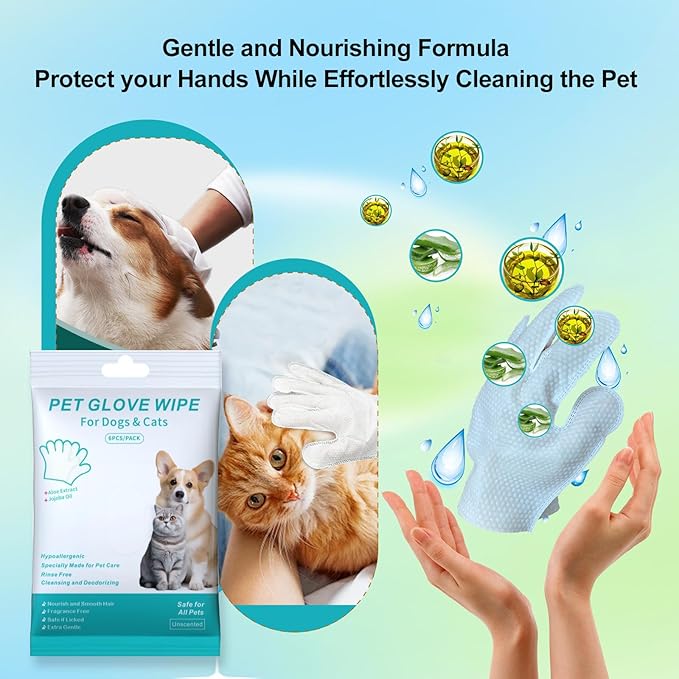 6PCS Cats & Dog Washing Gloves, Dog Wipes Cleaning Deodorizing Grooming Gloves, Rinse-Free Pet Wipes for Dogs & Cat Quick Cleaning after Outdoor Activities.