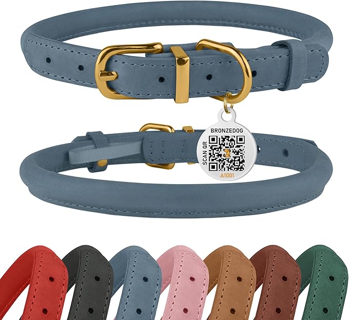 BRONZEDOG Rolled Leather Dog Collar with QR ID Tag Adjustable Soft Round Collars for Small Medium Large Dogs Puppy Cat (9" - 11" Neck Size, Denim)