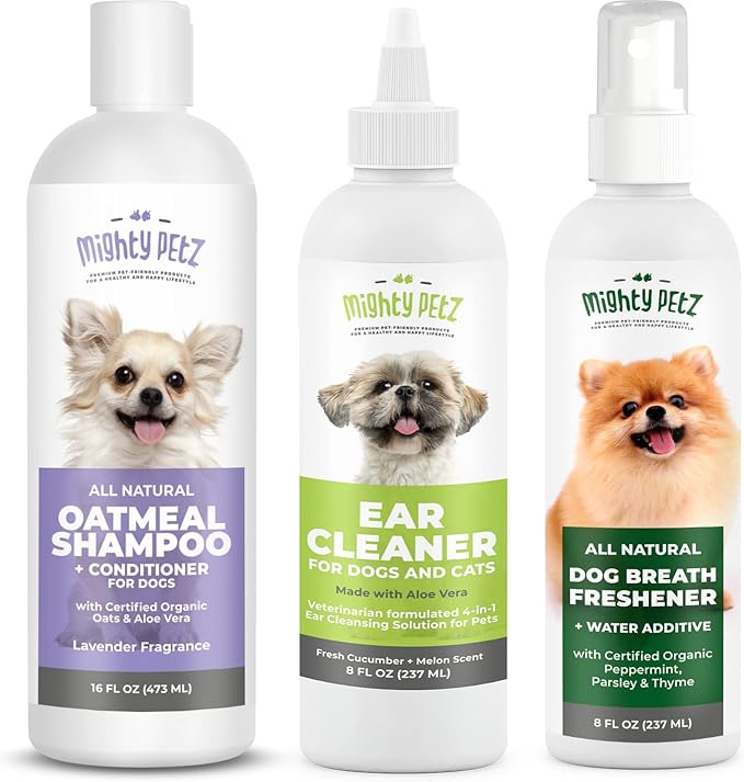 Mighty Petz 2-in-1 Oatmeal Dog Shampoo + Mighty Petz Dog Ear Cleaner Solution + 2-in-1 Dog Breath Freshener Spray & Water Additive Bundle