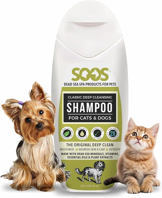 Soos Pets Dog Shampoo for Cats and Pets Natural Dead Sea Classic Deep Cleansing Fast Absorbing Coat with Vitamins Minerals Essential Oils Natural Ingredients Antib-acterial - 1x Pet Shampoo (250ml)