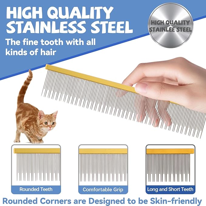 8.5 Inch Dual Tooth Pet Comb for Mats and Tangles，Professional Grooming Flea Comb Removing Excess Hair for Long-Haired Cats and Dog Kit,Prevent Undercoat, Excess Hair,Mats and Tangles,Pet Essential