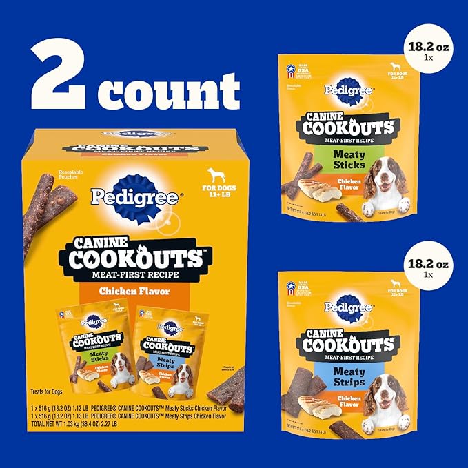 Pedigree Canine Cookout Soft Dog Treats, Chicken Flavored Meaty Sticks and Strips, (2) 18.2 oz Bags