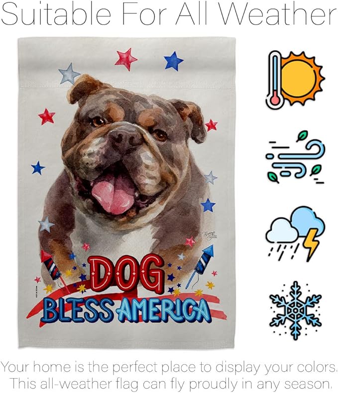 Breeze Decor Patriotic Chocolate Bulldog House Flag Dowel Set Dog Puppy Spoiled Paw Canine Fur Pet Nature Farm Animal Creature Banner Small Garden Yard Gift Double-Sided, Made in USA