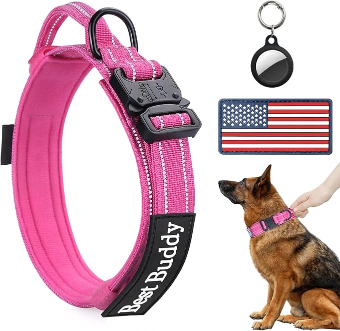 AUBELL Reflective Dog Collar, Tactical Dog Collar Adjustable Military Nylon Collars with Handle and Heavy Duty Metal Buckle for Medium Large Dogs, with 2 Patches and Airtag Case Holder (Pink, XL)