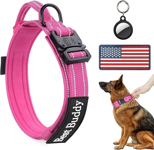 AUBELL Reflective Dog Collar, Tactical Dog Collar Adjustable Military Nylon Collars with Handle and Heavy Duty Metal Buckle for Medium Large Dogs, with 2 Patches and Airtag Case Holder (Pink, XL)