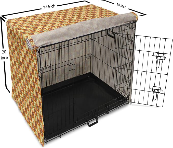 Lunarable Thanksgiving Dog Crate Cover, Checkered Pattern with Funny Cartoon Gobbler and Fallen Autumn Leaves, Easy to Use Pet Kennel Cover for Cats & Medium Dogs, 24 Inch, Red Yellow Brown
