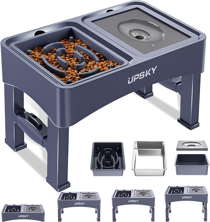 UPSKY 3-in-1 Elevated Dog Bowl Stand, Slow Feeder No Spill, Adjustable Height, Stainless Steel Food and Water Bowl for Small to Medium Dogs, Blue