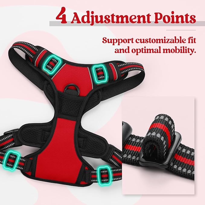 rabbitgoo Dog Harness, No-Pull Pet Harness with 2 Leash Clips, Adjustable Soft Padded Dog Vest, Reflective No-Choke Pet Oxford Vest with Easy Control Handle for Medium Dogs, Red, M