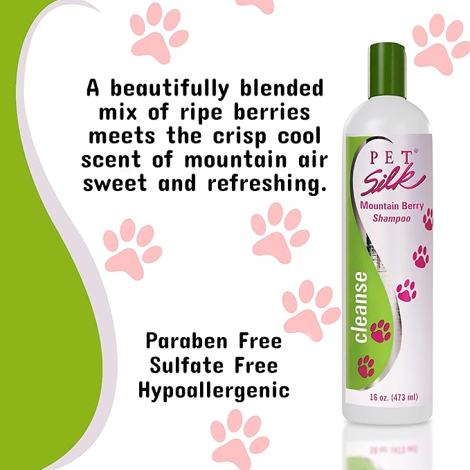Pet Silk Shampoo - Long Lasting Fresh Scent - Clean and Condition Pet's Fur - Gentle Odor Remover for Puppies, Dogs and Cats (Mountain Berry - 16 oz)