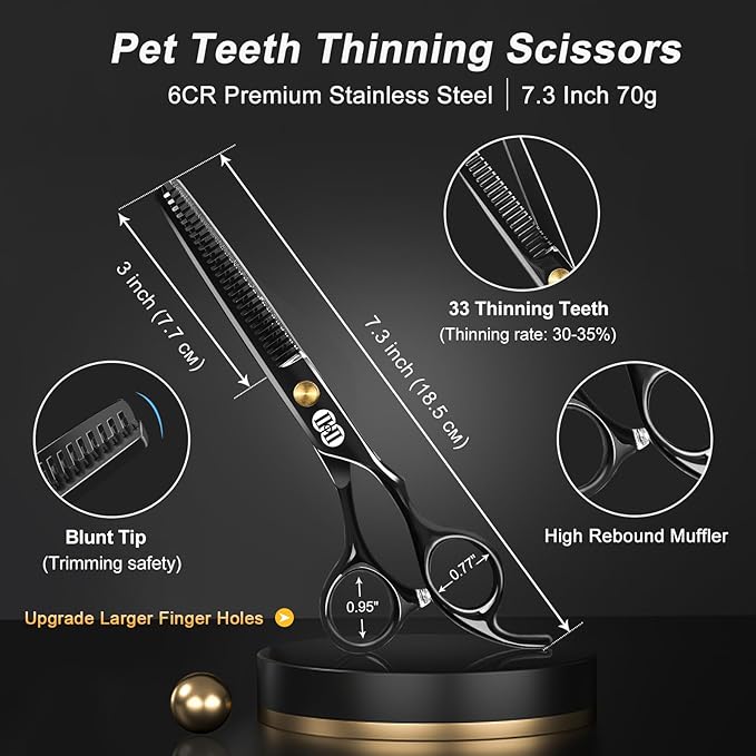 CIICII Dog Grooming Scissors Kit, 10-In-1 Professional Pet Grooming Scissors Set with Safety Round Tip (Dogs/Cat Hair Cutting Trimming Thinning Shears with Curved Scissors) for DIY Home Salon (Black)