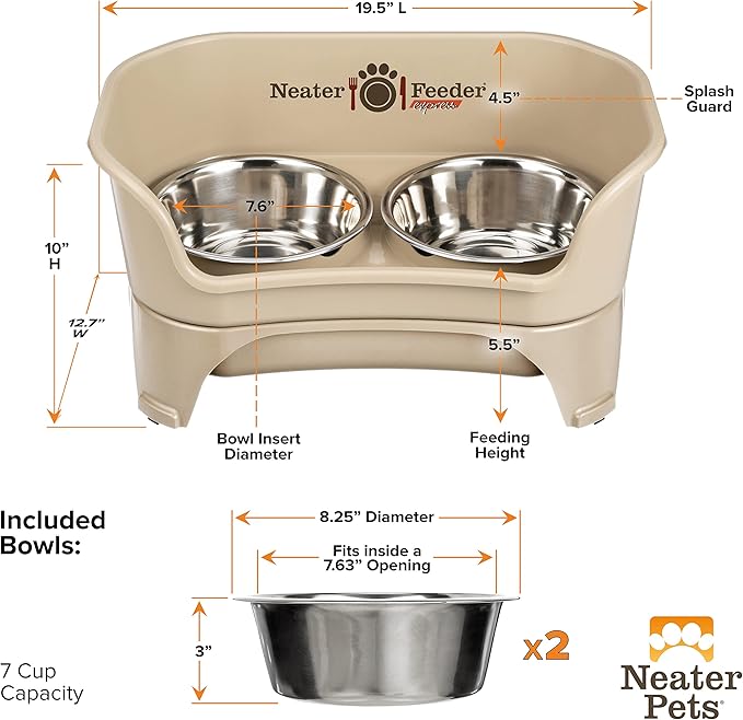 Neater Feeder - Express Model - Mess-Proof Dog Bowls (Medium/Large, Almond) – Made in USA – Elevated, No Spill, Non-Tip, Non-Slip, Raised Stainless Steel Food & Water Pet Bowls