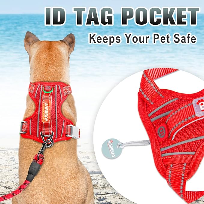 BARKBAY No Pull Dog Harness Large Reflective Dog Harness with Front Clip and Easy Control Handle for Walking Training Running with ID tag Pocket(Red,S)