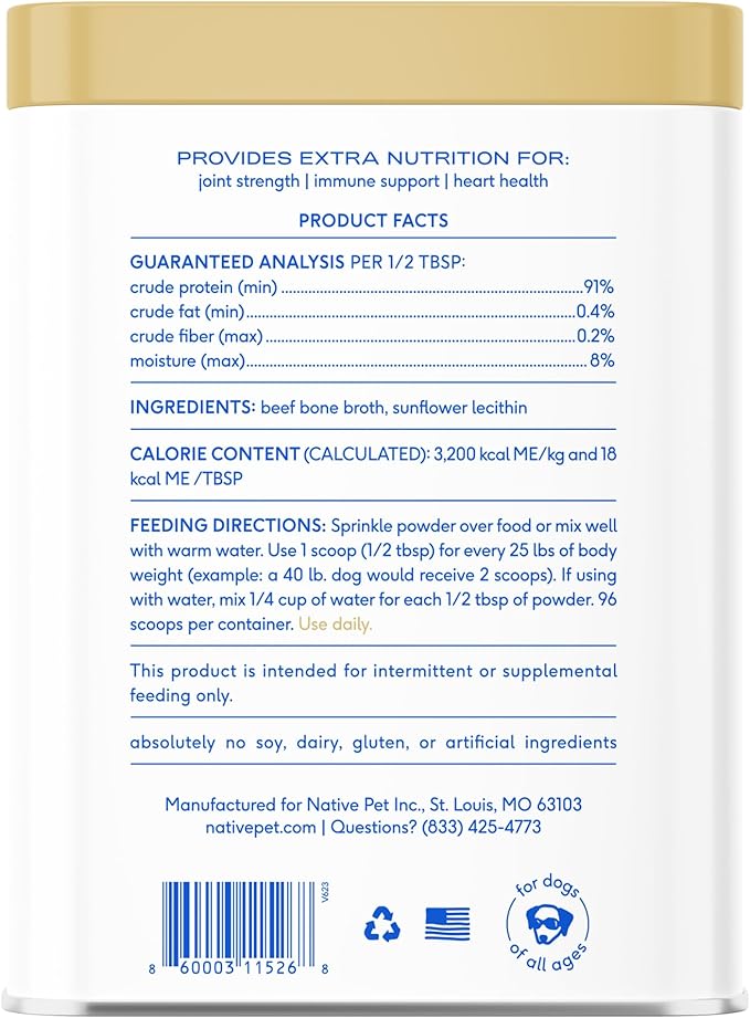 Native Pet Bone Broth for Dogs & Cats – Dog Bone Broth Powder - Dog Food Topper for Picky Eaters – Cat Broth & Dog Broth - Puppy Dog Gravy Topper for Dry Food – Beef Broth for Dogs & Cats – 9.5 oz