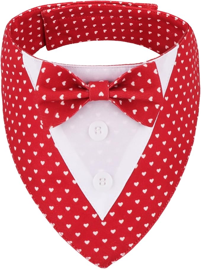 ADOGGYGO Valentine Dog Tuxedo Bandana, Red Heart Pet Tux with Bowtie Adjustable Valentine Costume for Small Dogs Pets (S)