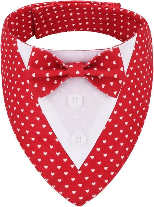 ADOGGYGO Valentine Dog Tuxedo Bandana, Red Heart Pet Tux with Bowtie Adjustable Valentine Costume for Small Dogs Pets (S)