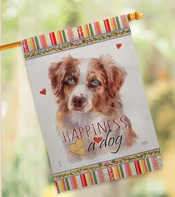 Breeze Decor Red Australian Shepherd Happiness House Flag-Pack Dog Puppy Spoiled Paw Canine Fur Pet Nature Farm Animal Creature Embroidery Banner Small Garden Yard Gift Double-Sided, Made in USA