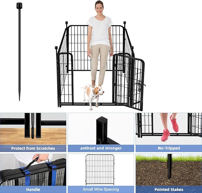 ADAVIN Tall Garden Fence with Gate, 36 in(H) 4 Panels Heavy Duty Iron Metal Animal Barrier Fence, Fence Blocker for Dogs, Portable Temporary Fencing. Total 9 Ft(L). Black