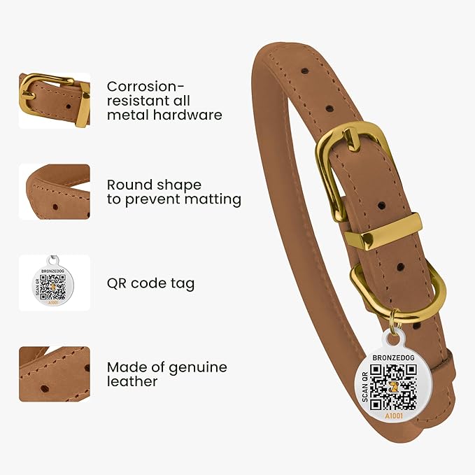 BRONZEDOG Rolled Leather Dog Collar with QR ID Tag Adjustable Soft Round Collars for Small Medium Large Dogs Puppy Cat (11" - 14 1/2" Neck Size, Light Brown)
