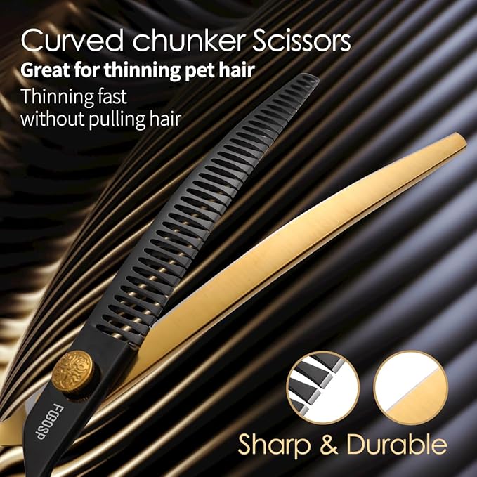 Curved Chunkers Shears Dog Grooming 7.5 in Black & Gold Two Color Professional Curved Thinning Shears for Dog Grooming 35 Teeth Japan 440C 62HRC