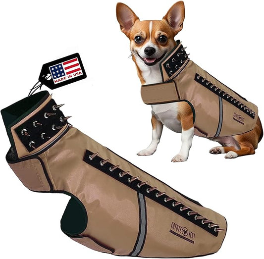CoyoteVest SpikeVest Dog Harness Vest for Small Dogs, Reflective Dog Vest with Spikes to Shield Your pet from Coyotes, Raptor and Animal Attacks, Anti Hawk Vest, Made in USA (L-Texas Tan)