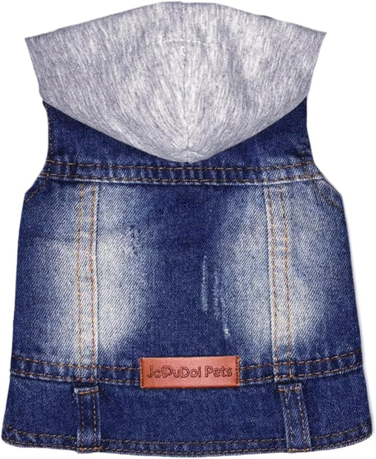 Dog Jeans Jacket with Hooded Denim Pet Coat for Puppy Small Dogs Classic Overalls Male Cat Costumes Washed Vest Clothes Outfit T-Shirts(Hoodie XX-Large)