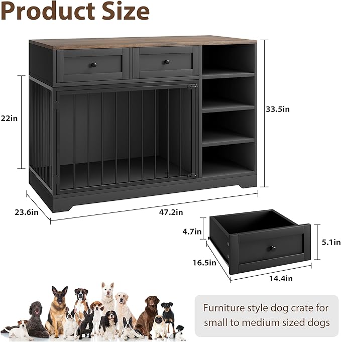 Dog Crate Furniture 47”, Large Dog Crate TV Stand with 2 Drawers and 4 Shelves, Wooden Dog Kennel Indoor, Decorative Dog Cage with Storage for Large Dogs, Black