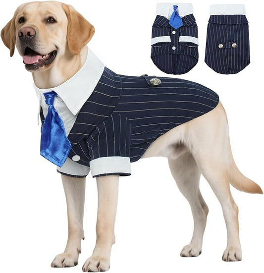 DENTRUN Navy Blue Dog Tuxedo - Formal Pinstripe Pet Suit Shirt with Satin Tie, Elegant Wedding Outfit Birthday Party Attire for Golden Retriever Husky Border Collie Large Dogs (Polyester), XXL