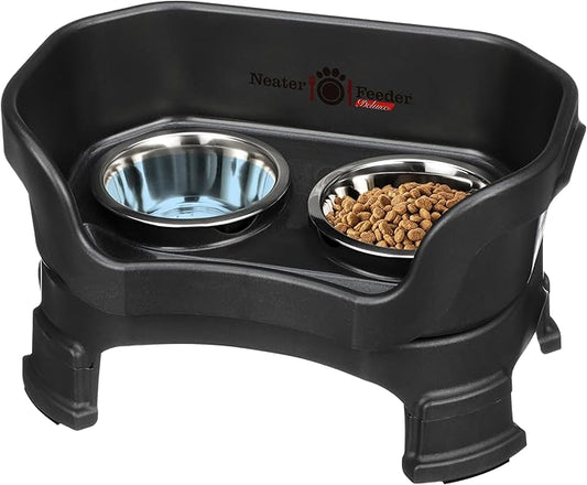 Neater Feeder Deluxe Mess Proof Dog Bowls Elevated for Small Breeds – Made in USA – No Spill Raised Dog Food Bowl Stand w/Leg Extensions – Stainless Steel Dog Food and Water Bowl Set – Black