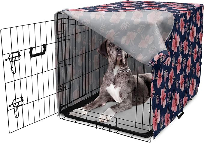 Ambesonne Watercolor Dog Crate Cover, Nature Inspired Composition with Pink Garden Flora Vintage Petals, Easy to Use Pet Kennel Cover for Medium Large Dogs, 48 Inch, Navy Blue Coral